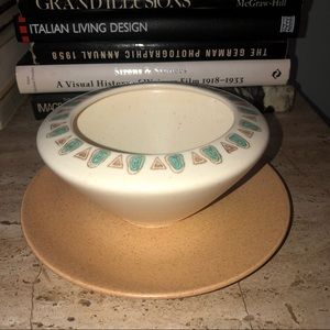 Metlox Navajo Poppytrail Grave Dish With Attached Plate Teal Tan and Cream